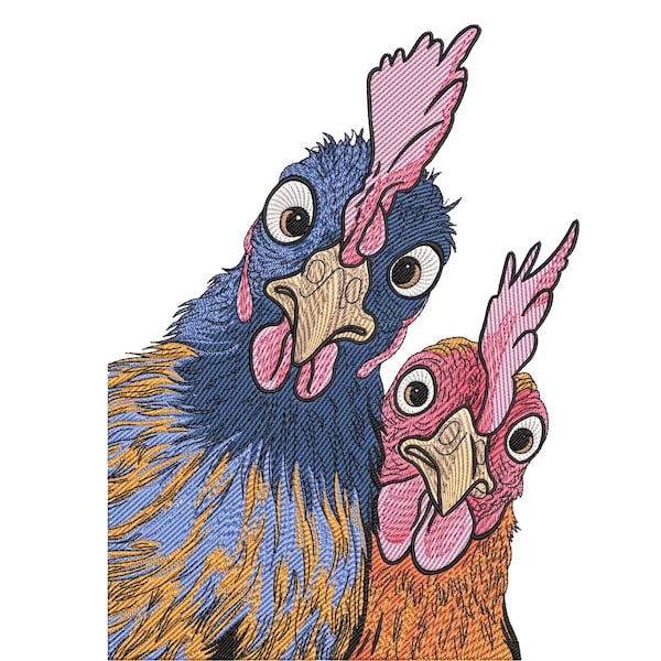 Funny Chicken Pair Embroidery Design, Peekaboo Chickens Machine Embroidery File, Farm Animal Pattern, Instant Download