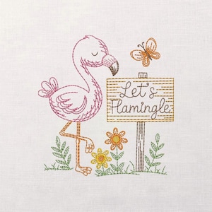 Flamingo Embroidery Design, Tropical Linework Pattern, Summer Floral Motif, Butterfly And Sign, Machine Stitch File