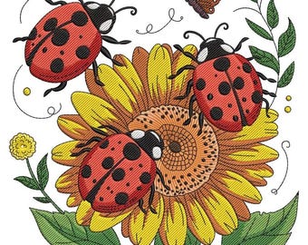 Marienkäfer und Sonnenblume Maschinenstickerei, florales Insekt Design, botanisches Sommermuster, naturinspirierte digitale Datei
