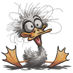 May include: An embroidered design of a cartoon duck with wide eyes and an open beak. The duck has gray feathers, a yellow beak and feet, and is sitting down with its feet spread out. The design has a whimsical and humorous style.