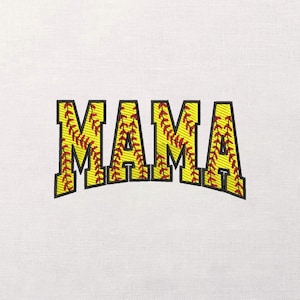 May include: Embroidered design featuring the word "MAMA" in yellow, with red stitching details, resembling a softball. The letters are outlined in black, set against a white background. The design is likely for apparel or accessories.