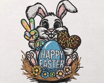 Groovy Bunny-borduurontwerp, paasei met vredesteken, hartmotief luipaard, lentebloemen, machineborduurbestand