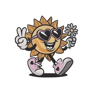 May include: An embroidered patch featuring a yellow sun character wearing pink heart-shaped sunglasses. The sun is making a peace sign with one hand and holding a white daisy with the other. It wears pink high-top trainers with black heart accents.