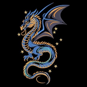Mystical Dragon Embroidery Design, Blue Gold Dragon Machine Embroidery Pattern, Fantasy Dragon Applique, Celestial Star Dragon Patch