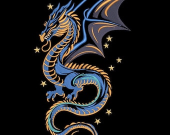 Mystical Dragon Embroidery Design, Blue Gold Dragon Machine Embroidery Pattern, Fantasy Dragon Applique, Celestial Star Dragon Patch