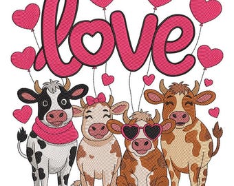 Schattige koeien borduurontwerpset, liefdesscript met harten, machineborduurpatroon boerderijdieren