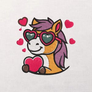 May include: Embroidered design of a cartoon horse wearing heart-shaped sunglasses, holding a heart, and surrounded by hearts. The horse has a white face, brown hooves, and a purple mane. The design is on a white background.