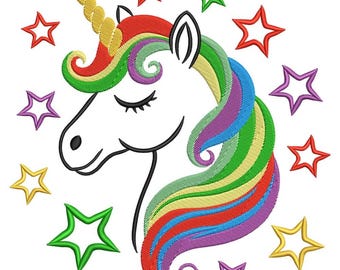 Cute Unicorn Head Embroidery Design, Outline Style With Stars, Machine Embroidery File