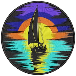 May include: Embroidered patch featuring a sailboat silhouetted against a sunset. The design includes a yellow and orange sun, turquoise water, and purple and blue skies. The patch is circular with a black border.