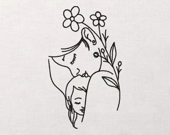 Diseño de bordado de madre e hija, contorno de arte lineal minimalista, patrón floral rojo, puntada de boceto de un solo color, motivo del Día de la Madre