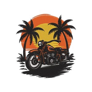 May include: An embroidered patch design featuring a black motorcycle parked in front of two palm trees and a large orange and yellow sun. The motorcycle is depicted in profile with visible engine details, wheels, and handlebars against a sunset.
