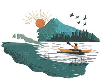 Zonsondergang kajaktocht borduurontwerp, berg- en bomenscène, wildernis buiten borduurbestand