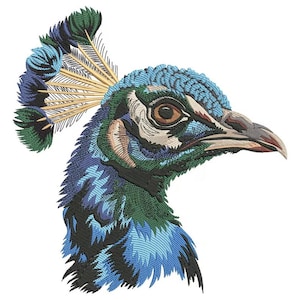 May include: Embroidered peacock head with detailed feathers in shades of blue, green, and gold. The bird's eye is brown, and the beak is a light brown color. The design is on a white background.