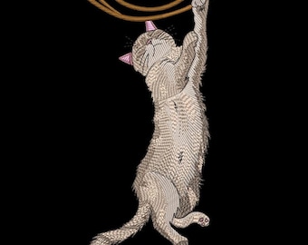 Kat hangt aan touw borduurontwerp, schattig katsteekpatroon, dierenliefhebber decorbestand