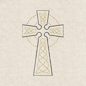 May include: A Celtic cross design with black outlines and gold-colored knotwork. The cross is set against a neutral, textured background. The design features intricate knot patterns within the cross arms and stem, and a circular halo.