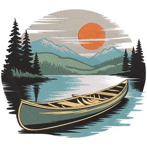 May include: A detailed illustration of a canoe on a lake, with a mountain range and a setting sun in the background. The scene is framed by a circular border, with trees on either side of the lake. The color palette includes shades of blue, green, orange, and beige.