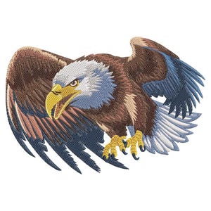 May include: Embroidered image of a bald eagle in flight. The eagle has brown and blue wings, a white head, and a yellow beak and talons. The eagle is depicted with its wings spread wide, as if soaring.
