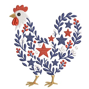 Patriotic Chicken Embroidery Design, Fourth Of July Hen Stitch Pattern, Red White Blue Farmhouse Machine Embroidery File