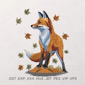 Red Fox Embroidery Design, Woodland Animal Pattern, Fall Leaf Motif, Machine Embroidery File, Rustic Forest Stitch Art