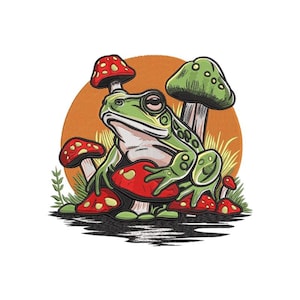 Op de afbeelding: Een grafische illustratie van een groene kikker die tussen verschillende paddenstoelen zit, waaronder rode met witte stippen en een grote groene paddenstoel, tegen een cirkelvormige oranje achtergrond met groene grassprieten.