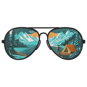 May include: Black aviator sunglasses with a scenic embroidered design. The lenses feature a teal lake, mountains, trees, and a tent under an orange sunset. The sunglasses have a black frame and nose bridge.