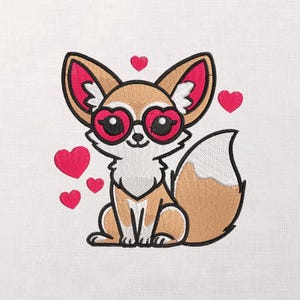 May include: Embroidered design of a cartoon fox with large ears, wearing heart-shaped glasses. The fox is tan, white, and black, with pink accents. Several pink hearts float around the fox on a white background.