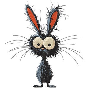 May include: A whimsical cartoon rabbit with large, expressive eyes and long whiskers. The rabbit is black with gray and orange accents on its ears and chest. The design has a slightly unkempt, fluffy appearance, giving it a playful and quirky vibe.