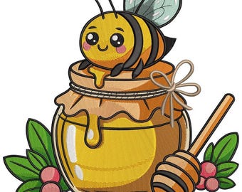 Sweet Bee & Honey Pot Embroidery Design, Cartoon Bee, Spring Greenery, Digital Embroidery Pattern File