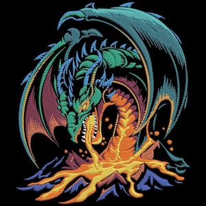 Puede incluir: Diseño de dragón bordado en tonos verdes, azules, naranjas y morados sobre fondo negro. El dragón escupe fuego, con alas y escamas detalladas. Ideal para ropa o decoración del hogar.