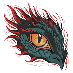 Dragon Eye Embroidery Design, Fiery Scales And Flames, Digital Machine Embroidery File For Jackets And Patches