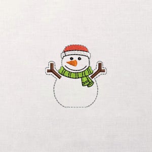 May include: Embroidered snowman design with a red hat, green scarf, and brown stick arms. The snowman has a carrot nose and a smiling face. The design is on a white background.