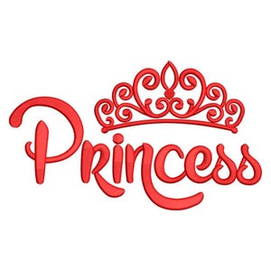 May include: Red embroidered design featuring the word "Princess" in a cursive font, topped with a decorative crown. The crown has a heart-shaped accent. The design is on a white background.