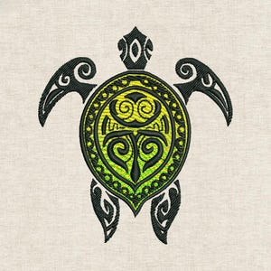 May include: Embroidered sea turtle design in black, yellow, and green. The turtle features intricate tribal patterns on its shell, flippers, and head. The design is set against a neutral, textured background.