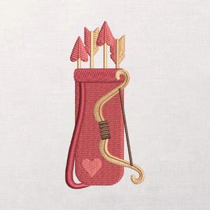May include: Embroidered design of a red quiver with three arrows and a bow. The arrows have red and gold fletching. The bow is gold with a brown arrow. A red heart is embroidered on the quiver.