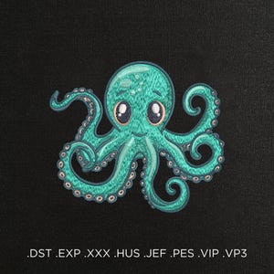 May include: An embroidered teal octopus with large, expressive eyes and curled tentacles. The octopus is set against a black background. The image includes the file extensions .DST .EXP .XXX .HUS .JEF .PES .VIP .VP3.