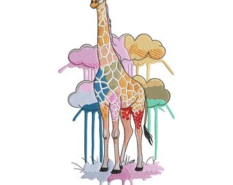Regenbooggiraf borduurontwerp, artistieke safari-omtrek met aquarelvlekken, kinderkleding en draagtassteekbestand