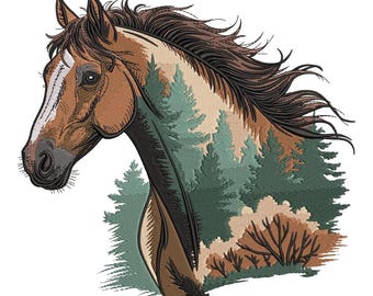Peut inclure: Illustration détaillée d'une tête et d'un cou de cheval. Le cheval est brun avec une raie blanche sur le visage. Le corps du cheval est rempli d'une scène de forêt dans des tons verts et bruns. La crinière est brun foncé.