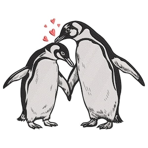 Op de afbeelding: Een geborduurd ontwerp met twee pinguïns die elkaars hand vasthouden, in zwart en wit, met rode hartjes erboven. De pinguïns staan op een witte achtergrond, met gedetailleerde steken die een textuureffect creëren.