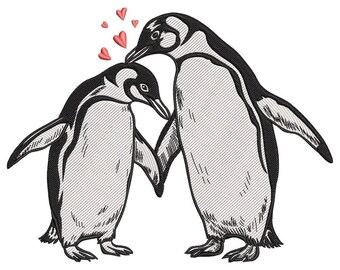 Borduurbestand Two Penguins in Love, handgetekende stijl, hartaccent, voor sweatshirts, schorten, handdoeken