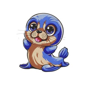 Puede incluir: Un parche bordado que muestra una foca de dibujos animados con grandes ojos oscuros, cara y vientre de color marrón claro y pelaje azul brillante. La foca tiene una pequeña nariz negra, bigotes largos y la boca abierta mostrando una lengua rosa.