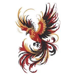May include: Embroidered phoenix design in shades of red, black, and gold. The mythical bird is depicted with outstretched wings and flowing tail feathers. The detailed embroidery creates a textured effect, perfect for apparel or home decor projects.