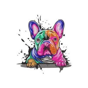 May include: A vibrant, multi-colored French Bulldog illustration featuring a spectrum of bright hues including pink, orange, green, and blue. The dog is depicted with a textured, painterly style against a backdrop of black ink-like splatters.