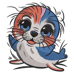 Baby Seal Embroidery Design File, Playful Cartoon Ocean Animal Pattern, Multicolor Marine Pup Machine Stitch, Instant Download Digital