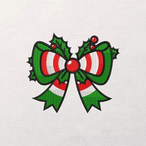 May include: Embroidered Christmas bow with red and white striped ribbon, green holly leaves, and red berries. The bow has a black outline and is set against a white background. This festive design is perfect for holiday crafts and decorations.