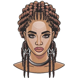 Peut inclure: Portrait brodé d'une femme à la peau brune, avec des tresses brun foncé et de grandes créoles argentées. La femme a des lèvres pulpeuses, de longs cils foncés et un ras du cou argenté. La broderie est détaillée avec diverses nuances de brun et de beige.