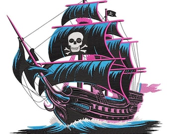 Nautisch piratenschip borduurontwerp, schedelvlag (digitale machineborduurwerk)