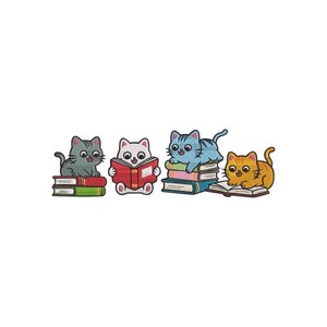 Reading Cats Embroidery Design, Book Lover Kitten Motif, Literary Feline Stitch Art, Cozy Library Theme