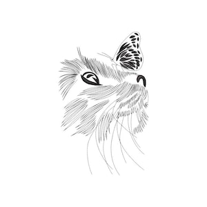 May include: A black and white line art illustration depicting the profile of a cat's face with a butterfly resting on its forehead. The design uses fine, detailed strokes to define the fur, whiskers, eye, and the intricate patterns on the wings.