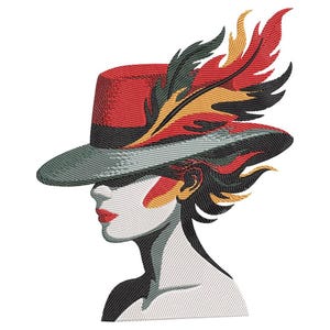 Puede incluir: Diseño bordado de una mujer de perfil con un sombrero rojo de ala ancha y una pluma decorativa. El rostro de la mujer es blanco con labios rojos, y el sombrero tiene una banda negra. La pluma es una mezcla de rojo, amarillo y negro.