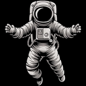 May include: A black and white illustration of an astronaut in a spacesuit with arms outstretched. The astronaut is floating in space, with a detailed helmet and equipment pack. The image has a vintage, retro style.